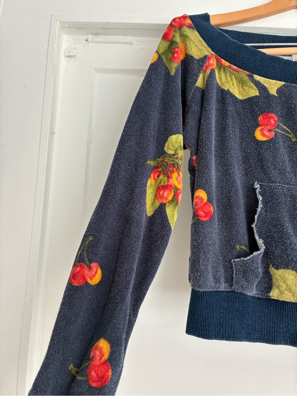 Hippie Beach Cherry Print Navy Cropped Sweatshirt - velour - scoop neck - Picture 4 of 9